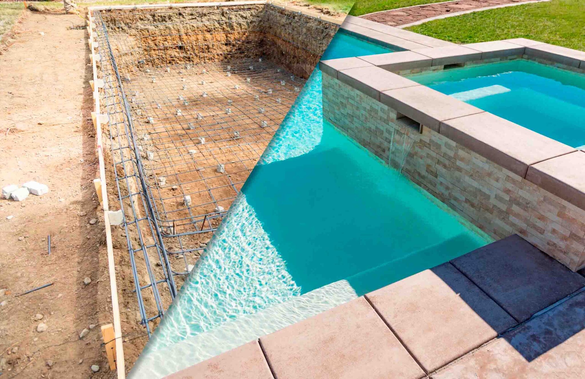 Construcción de una piscina de obra rectangular con borde de piedra natural, rodeada de un jardín verde en un día soleado.